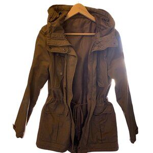 Olive‎ Green Hooded Chore Barn Jacket LG Pockets Snaps 2 Zippers Draw String S-M